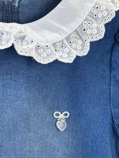 Vestido Infantil Jeans Gola Babadinho Bordado Laço - Gabriela Aquarela
