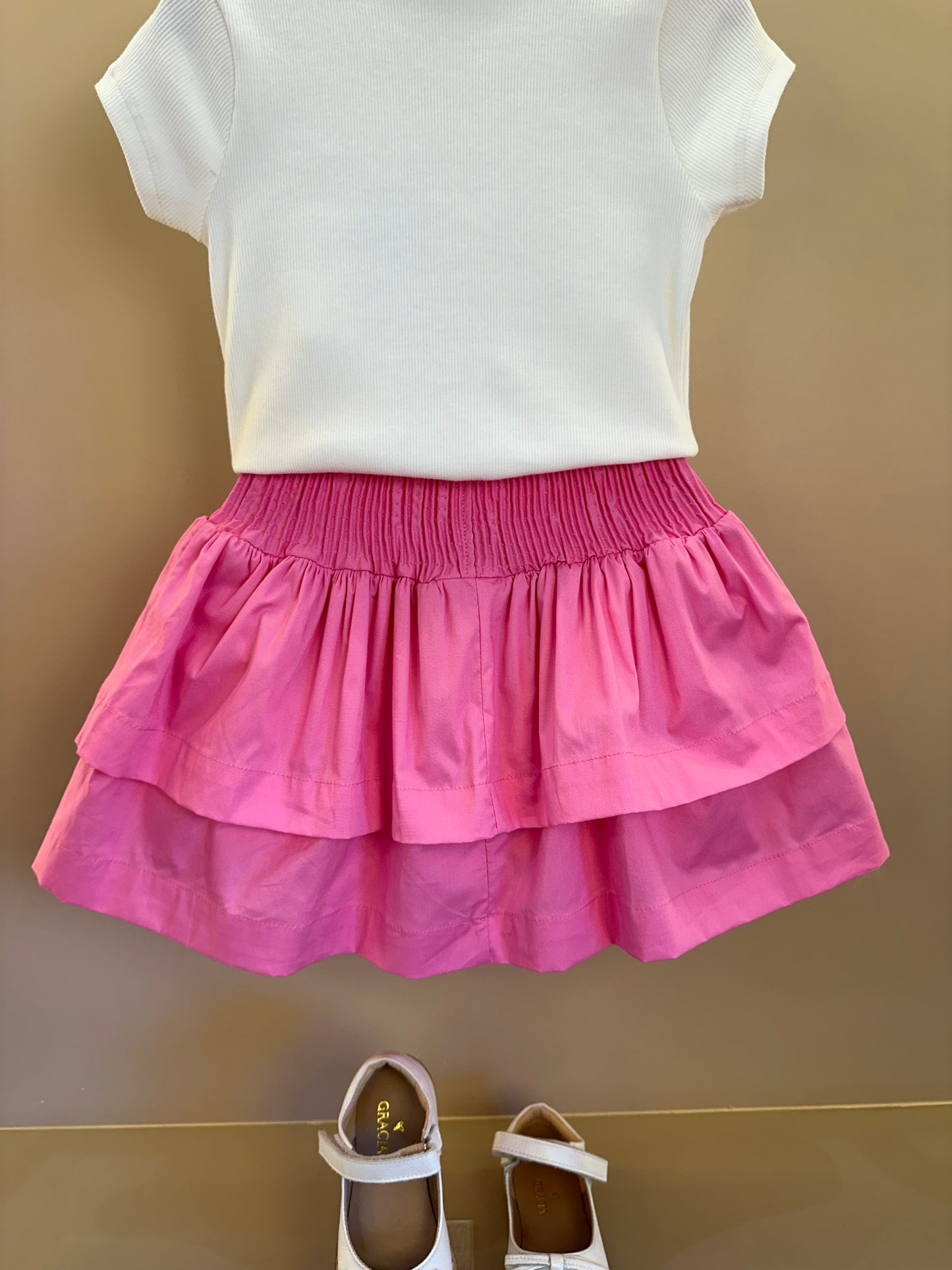 Conjunto Infantil Blusa Off Joia Coração e Saia Babado Rosa - Animê