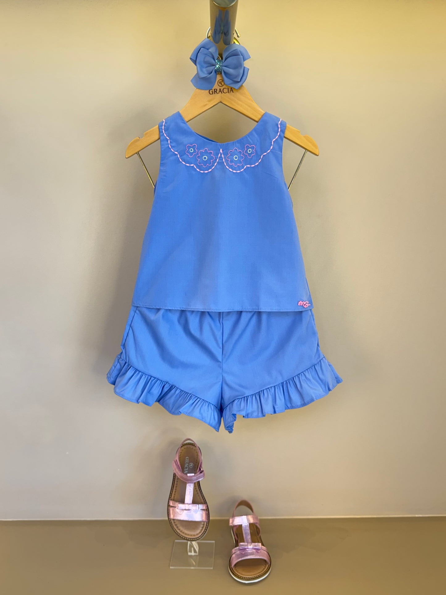 Conjunto Infantil Blusa Bordada Tricoline e Shorts Azul - Mon Sucre
