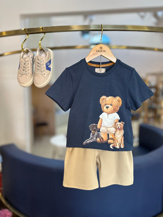 Conjunto Infantil Camiseta Teddy Cachorros Marinho e Bermuda Moletom Listra Bege - Dame