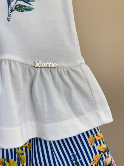 Conjunto Infantil Blusa Off White Flores Bordadas e Short Listrado Flores - Luluzinha