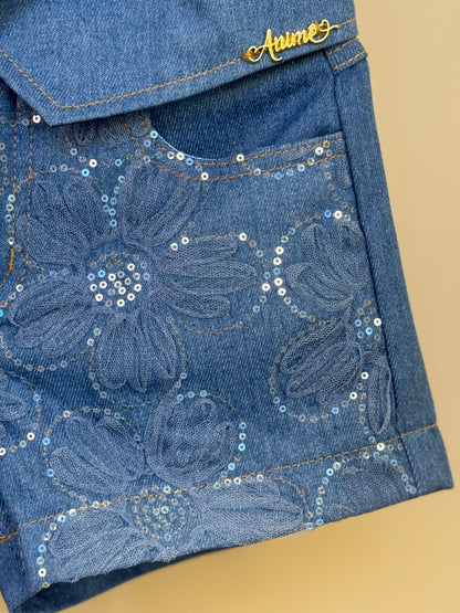 Conjunto Infantil Colete e Shorts Jeans Bordada Tule Flores - Animê