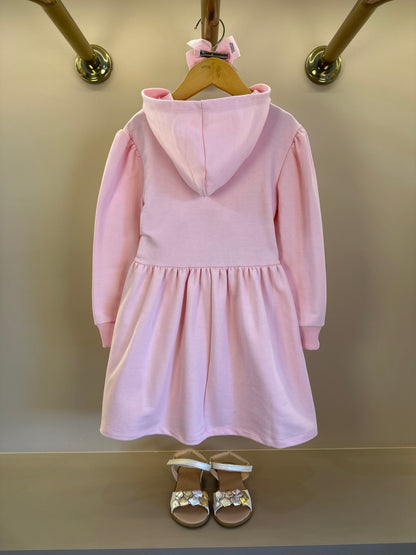 Vestido Infantil ML Moletom Rodado Capuz e Bordado Rosa - Luluzinha