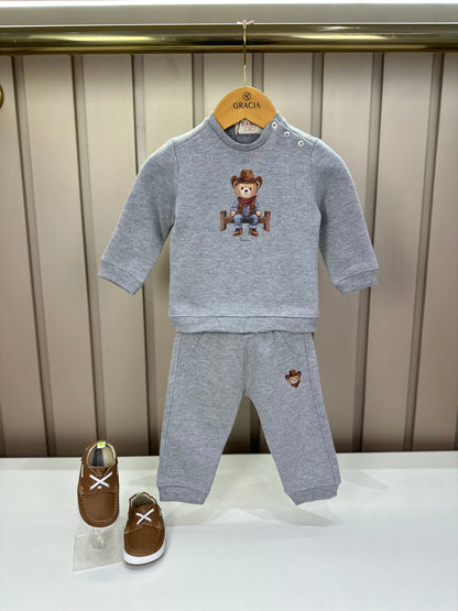 Conjunto Bebê Moletom Agasalho e Calça Teddy Cowboy Cinza - Dame