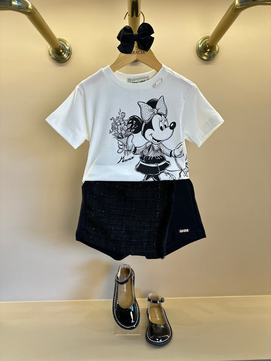 Conjunto Infantil Blusa Minnie Buquê & Mickey Pérola e Shorts Conceito Tweed Preto - Animê