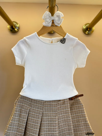 Conjunto Infantil Blusa Essential Mini-Joia e Saia Pregas Tweed Bege - Animê Petite