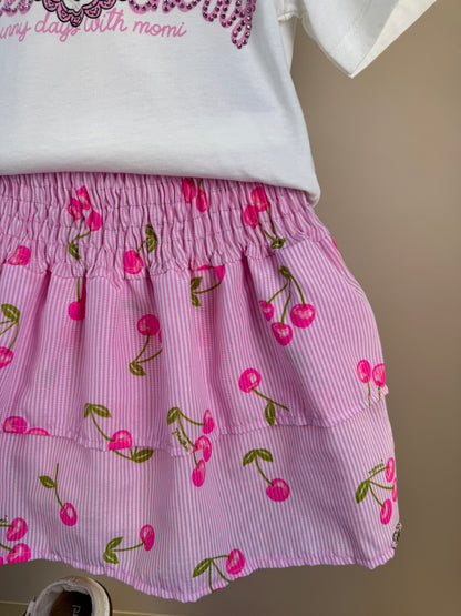 Conjunto Infantil Blusa Cerejas e Saia Franzida Babados Em Camadas - Momi