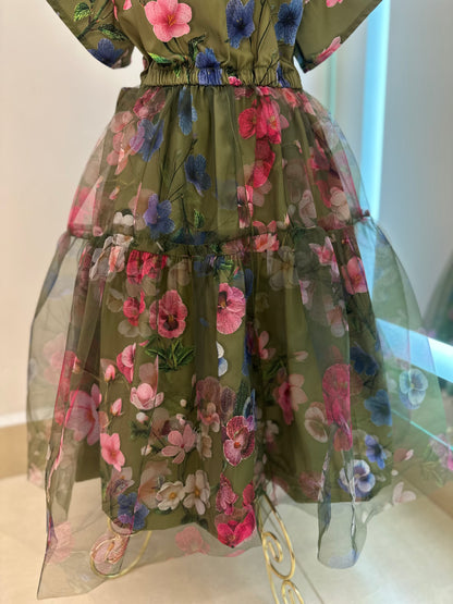 Vestido Infantil Conceito Tule Floral Bordado Verde Forest - Animê