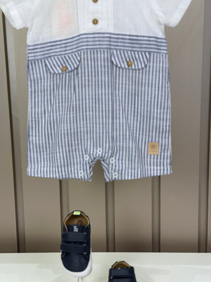 Romper Bebê Camisaria Algodão Cambraia e Fio Tinto Gola e Lapela Marinho - Um Mais Um