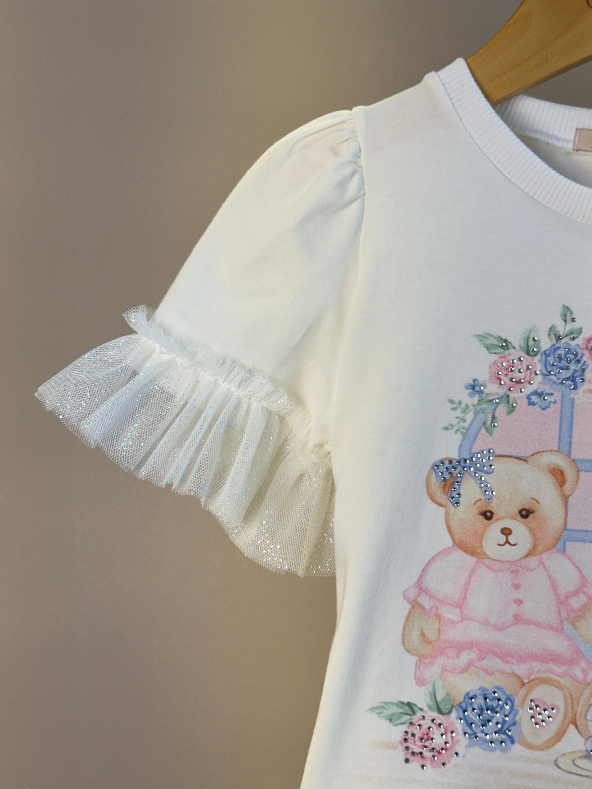 Conjunto Infantil Blusa Mangas Babadinho Em Tule e Calça Legging Estampa Ursinhas - Petit Cherie