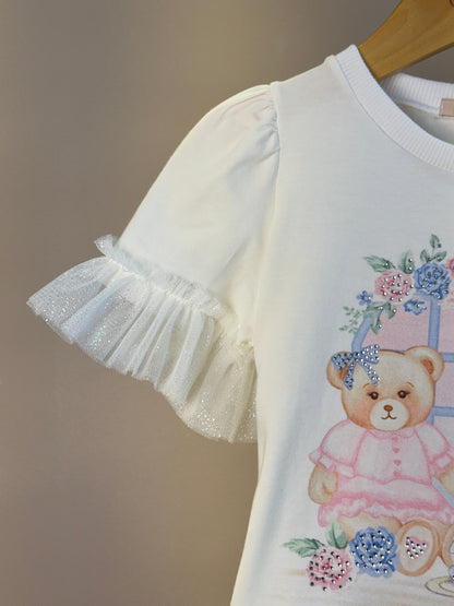 Conjunto Infantil Blusa Mangas Babadinho Em Tule e Calça Legging Estampa Ursinhas - Petit Cherie
