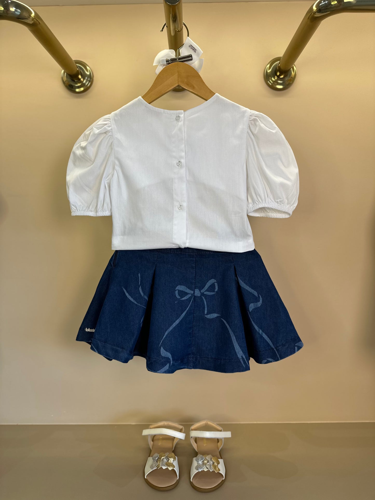 Conjunto Infantil Blusa Algodão e Saia Jeans Laços - Luluzinha