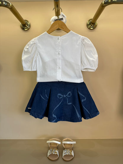 Conjunto Infantil Blusa Algodão e Saia Jeans Laços - Luluzinha