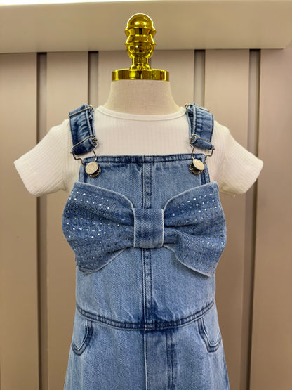 Jardineira Infantil Jeans Maxi Laço com Blusa Básica Off White - Momi