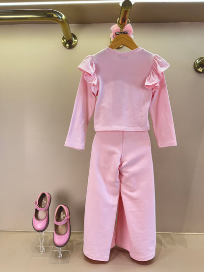 Conjunto Infantil Trio Blusa ML Laço, Casaco Strass e Calça Wide Leg com Glitter Lateral - Luluzinha