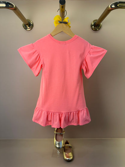 Vestido Infantil Rosa Neon Gatinha e Bolsinha Transversal Colorida - Infanti