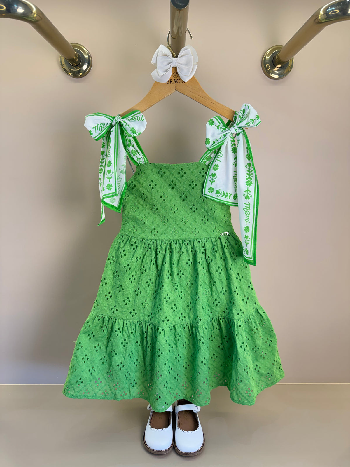 Vestido Infantil Laise Bordado Flores Verde - Momi