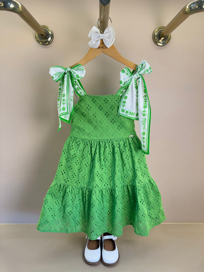 Vestido Infantil Laise Bordado Flores Verde - Momi