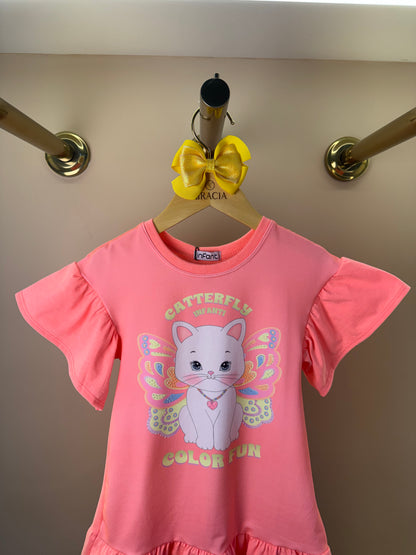 Vestido Infantil Rosa Neon Gatinha e Bolsinha Transversal Colorida - Infanti