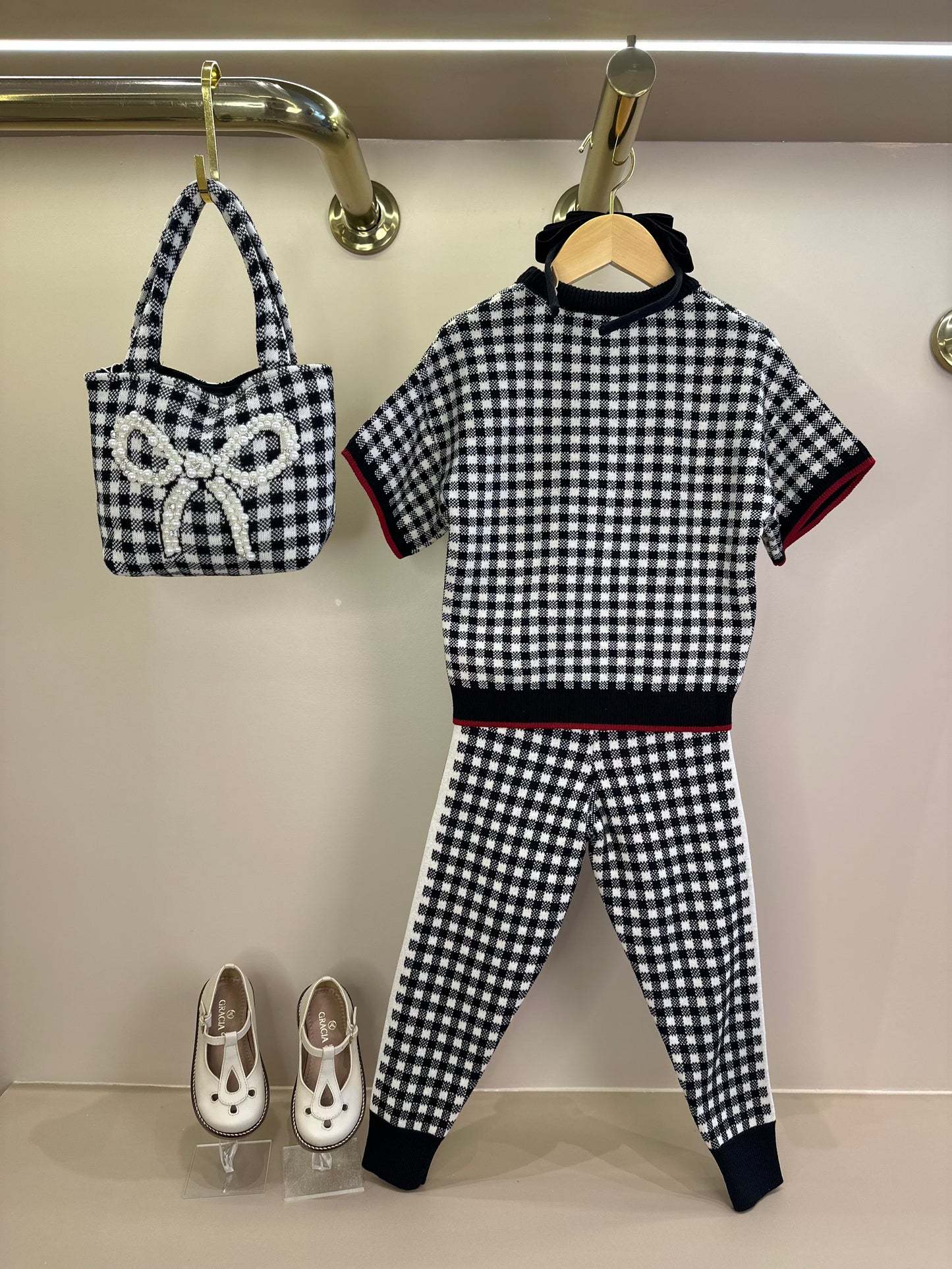 Conjunto Infantil Blusa e Calça Jogging Tricot Xadrez Laço Strass - Pituchinhus