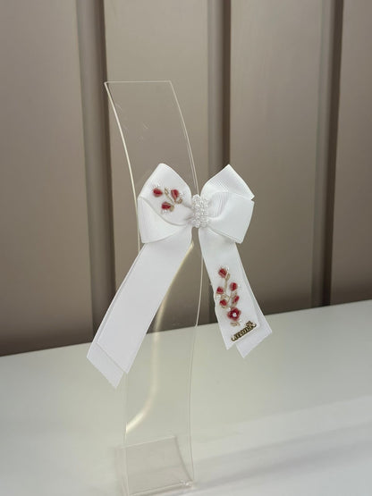 Laço Infantil Alongado Bordado Flores com Pérolas Branco - Roana
