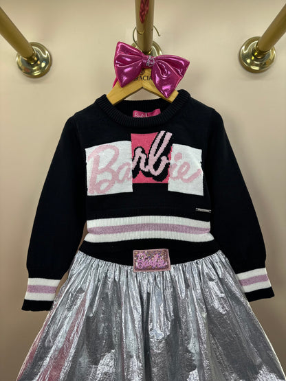Conjunto Infantil Blusa Tricot Barbie Color Preta e Saia Prata Patche Barbie - Pituchinhus