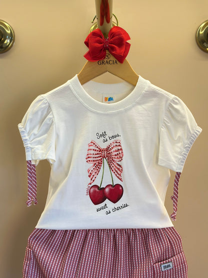 Conjunto Infantil Blusa Algodão Lacinhos Mangas e Saia Sarja Xadrez Vermelho - Beabá