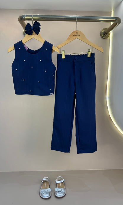 Conjunto Infantil Alfaiataria Blusa com Strass e Calça Risca de Giz - Luluzinha