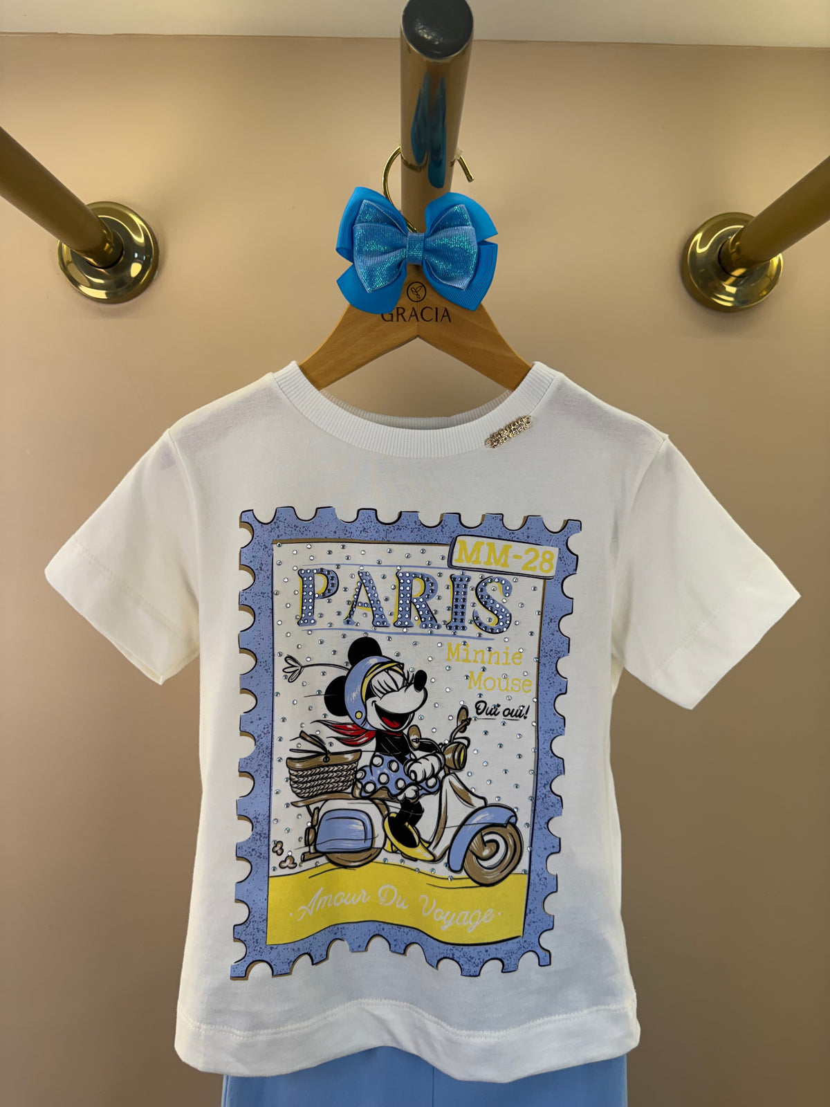 Conjunto Blusa Minnie Strass Paris e Shorts Legging Azul - Animê
