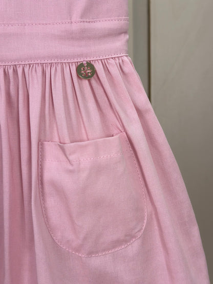 Vestido Bebê Algodão Rodado Bolsos e Bordado Floral Rosa Claro - Um Mais Um