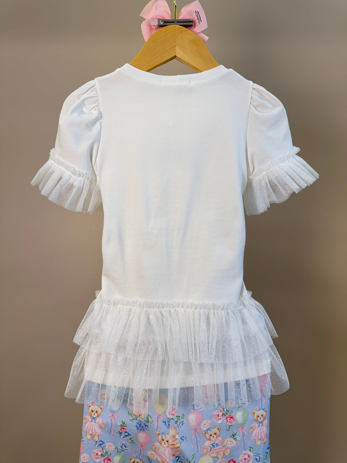Conjunto Infantil Blusa Mangas Babadinho Em Tule e Calça Legging Estampa Ursinhas - Petit Cherie