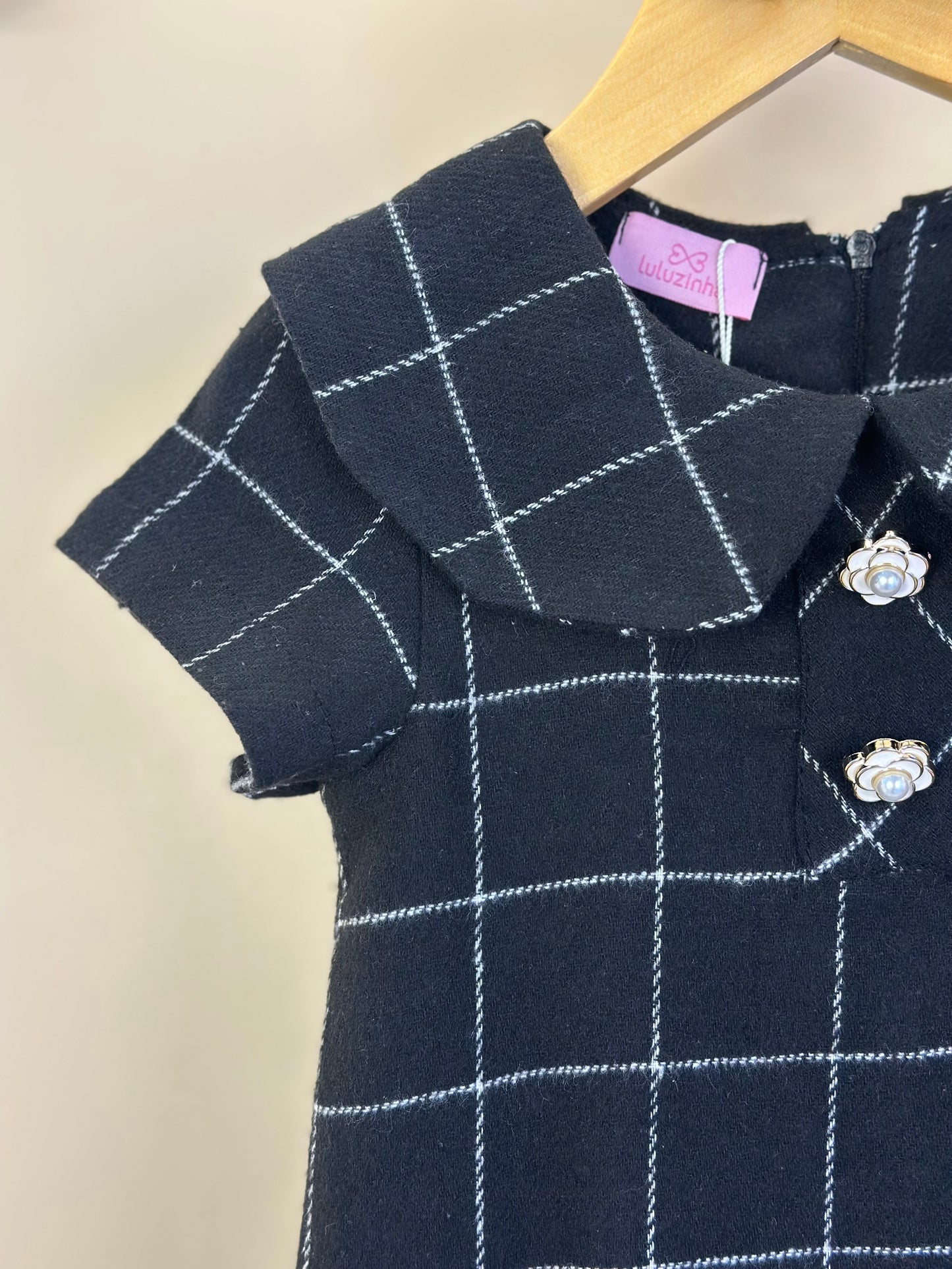 Vestido Infantil Trapézio Botões Xadrez Preto - Luluzinha