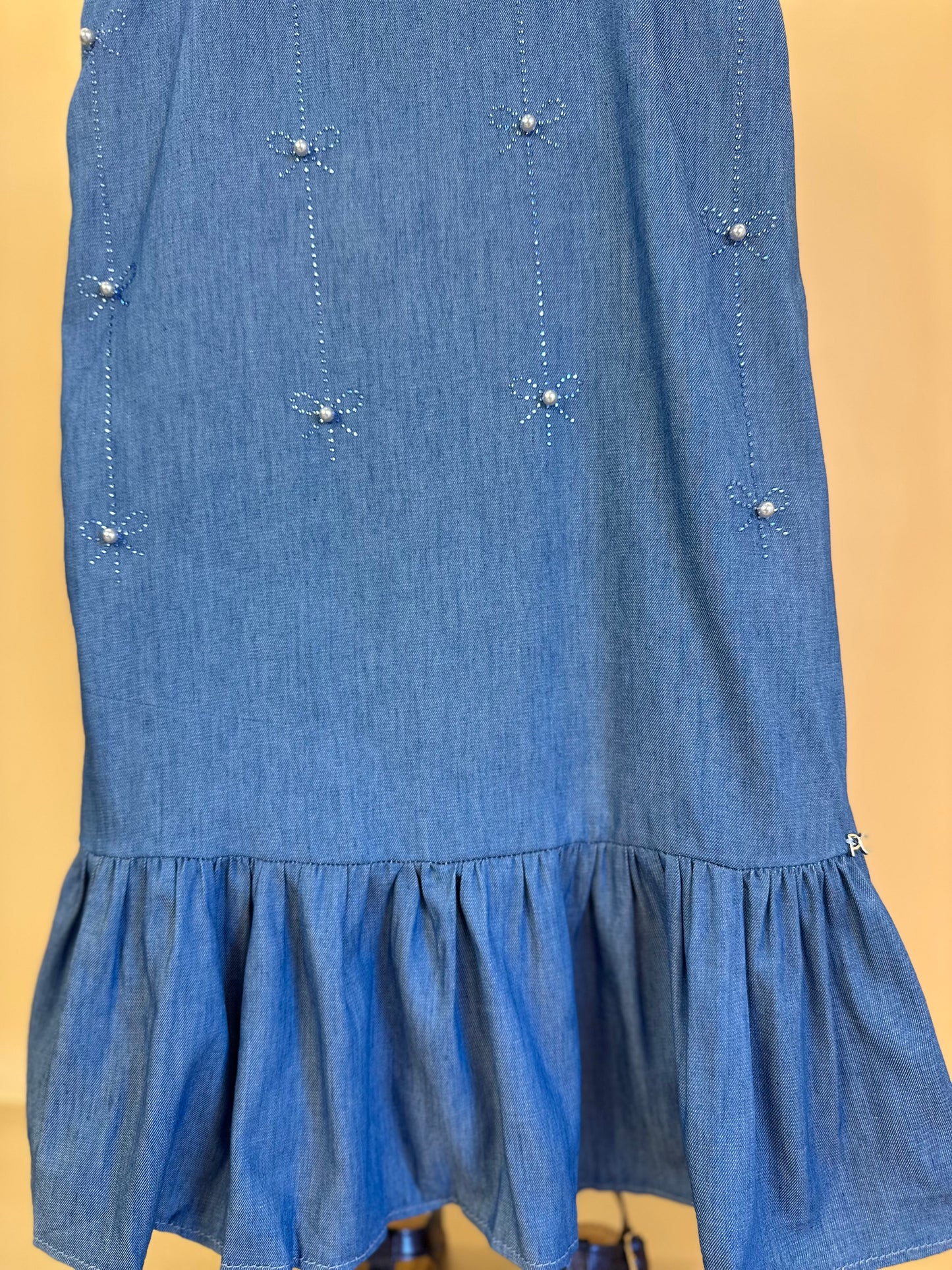 Vestido Infantil Jeans Aplicação Pérolas e Strass - Petit Cherie