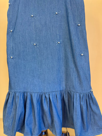 Vestido Infantil Jeans Aplicação Pérolas e Strass - Petit Cherie