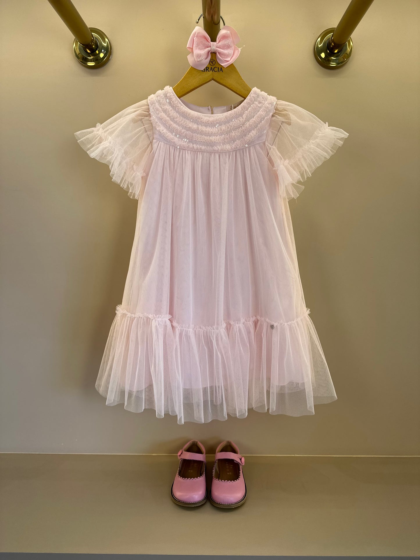 Vestido Infantil Trapézio Tule Bordado Delicado Busto Rosa - Petit Cherie