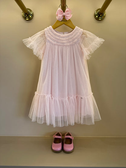 Vestido Infantil Trapézio Tule Bordado Delicado Busto Rosa - Petit Cherie