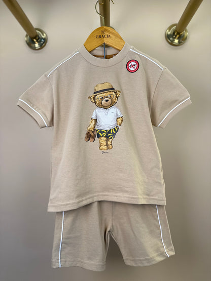 Conjunto Infantil Camiseta Teddy Bananas e Bermuda Bege - Dame