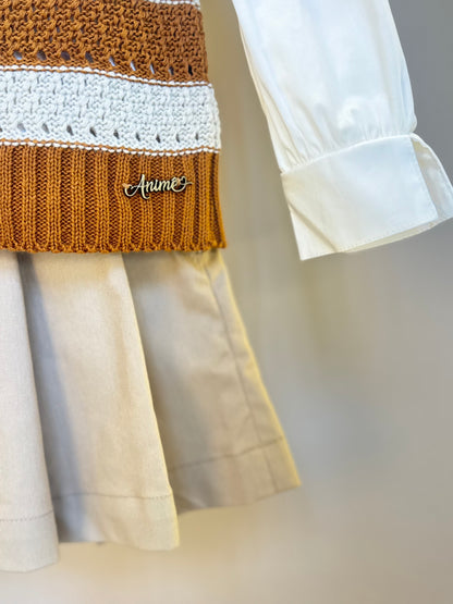 Conjunto Infantil Camisa Gola Babado e Tricot Iconic com Saia Sarja Pregas - Animê