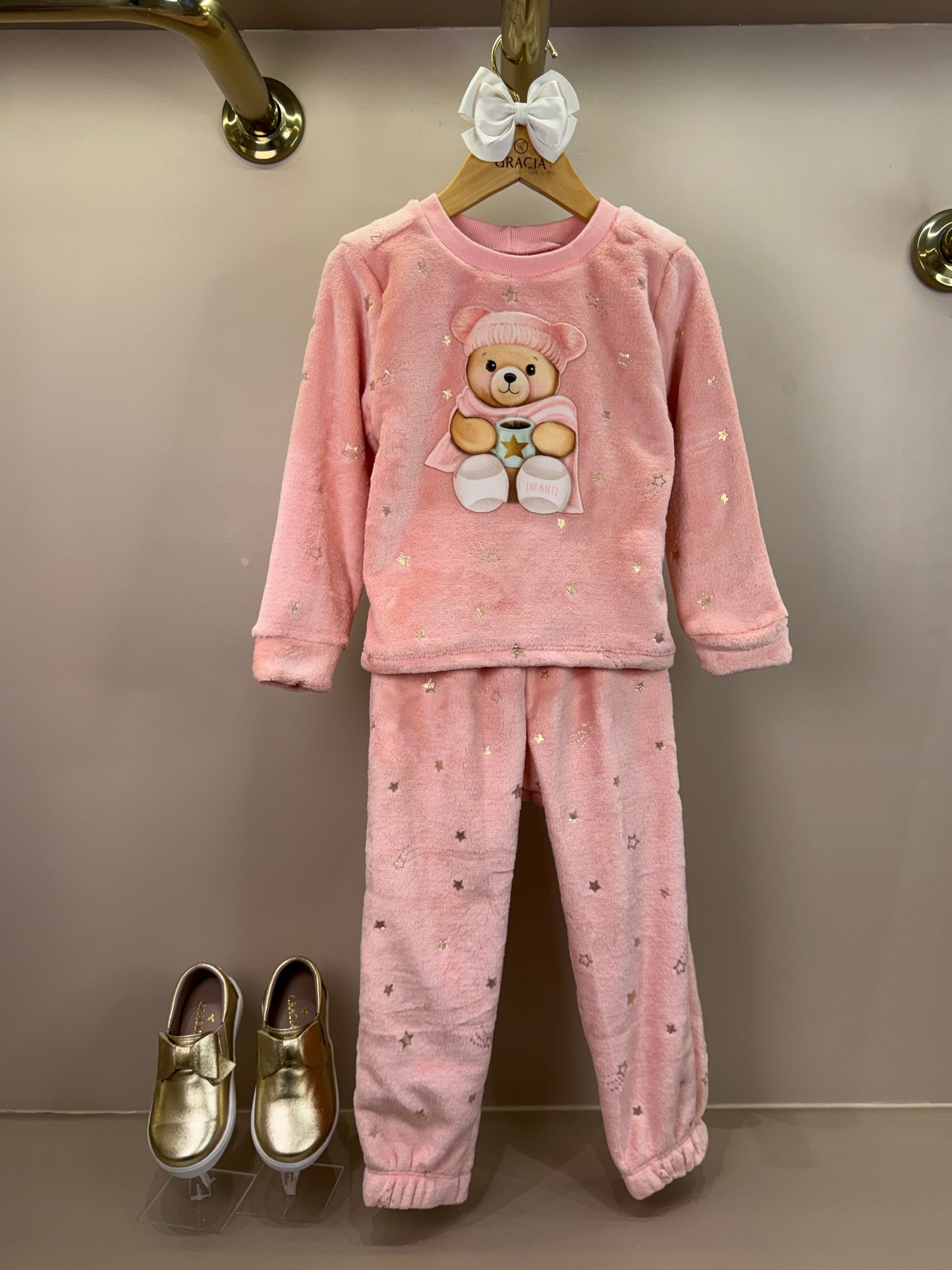 Pijama Infantil Blusão ML Ursinha e Calça Pelinho Foil Rosa Aloha - Infanti