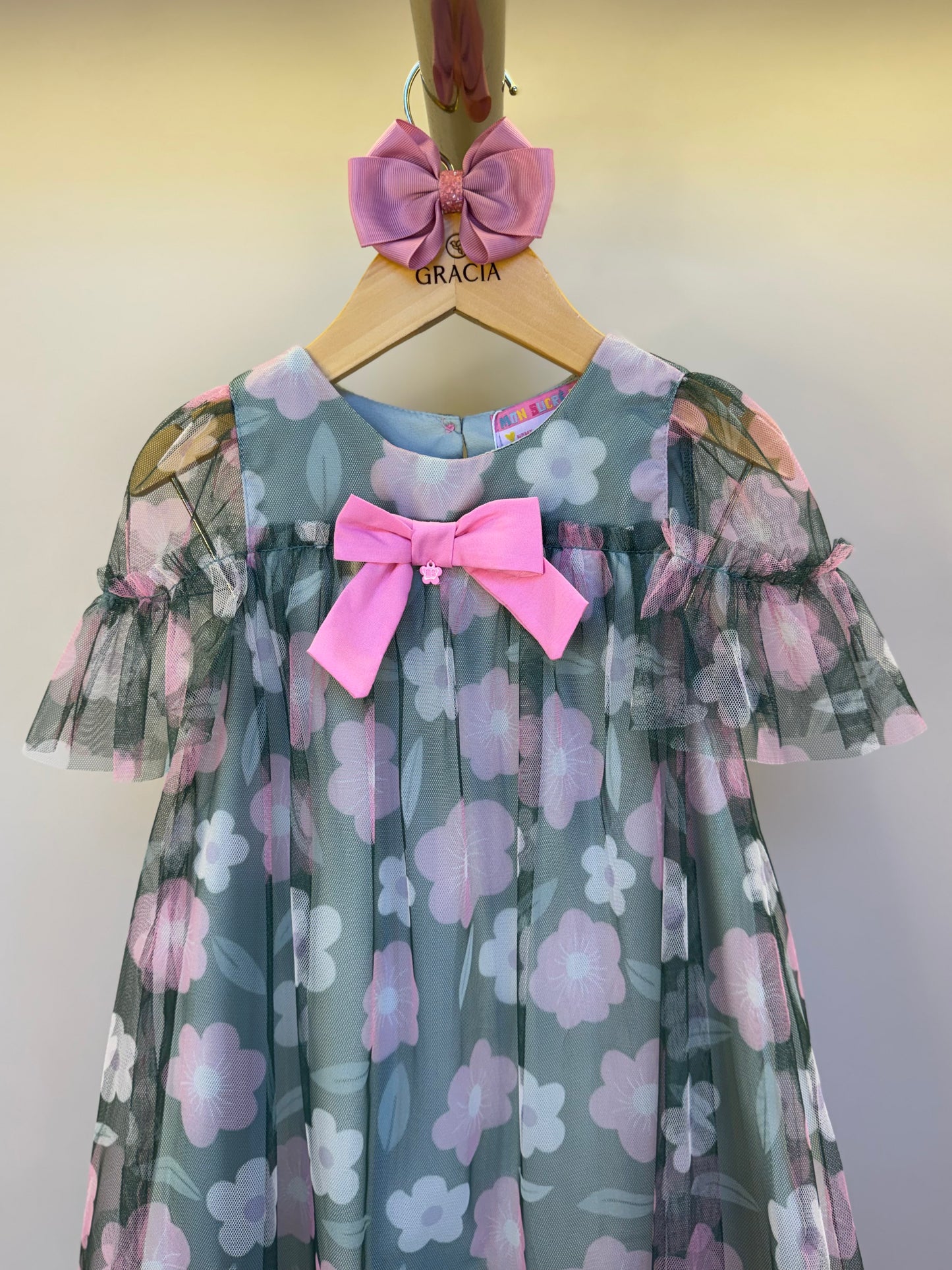Vestido Infantil Trapézio Tule Estampado Flores - Mon Sucre