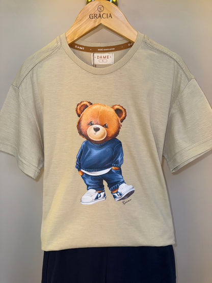 Conjunto Infantil Camiseta Teddy Hoodie Bege e Bermuda Moletom Elastano Elástico Listrado - Dame