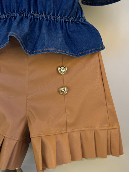 Conjunto Infantil Blusa Jeans Peplum e Shorts Couro Tech Botões - Luluzinha