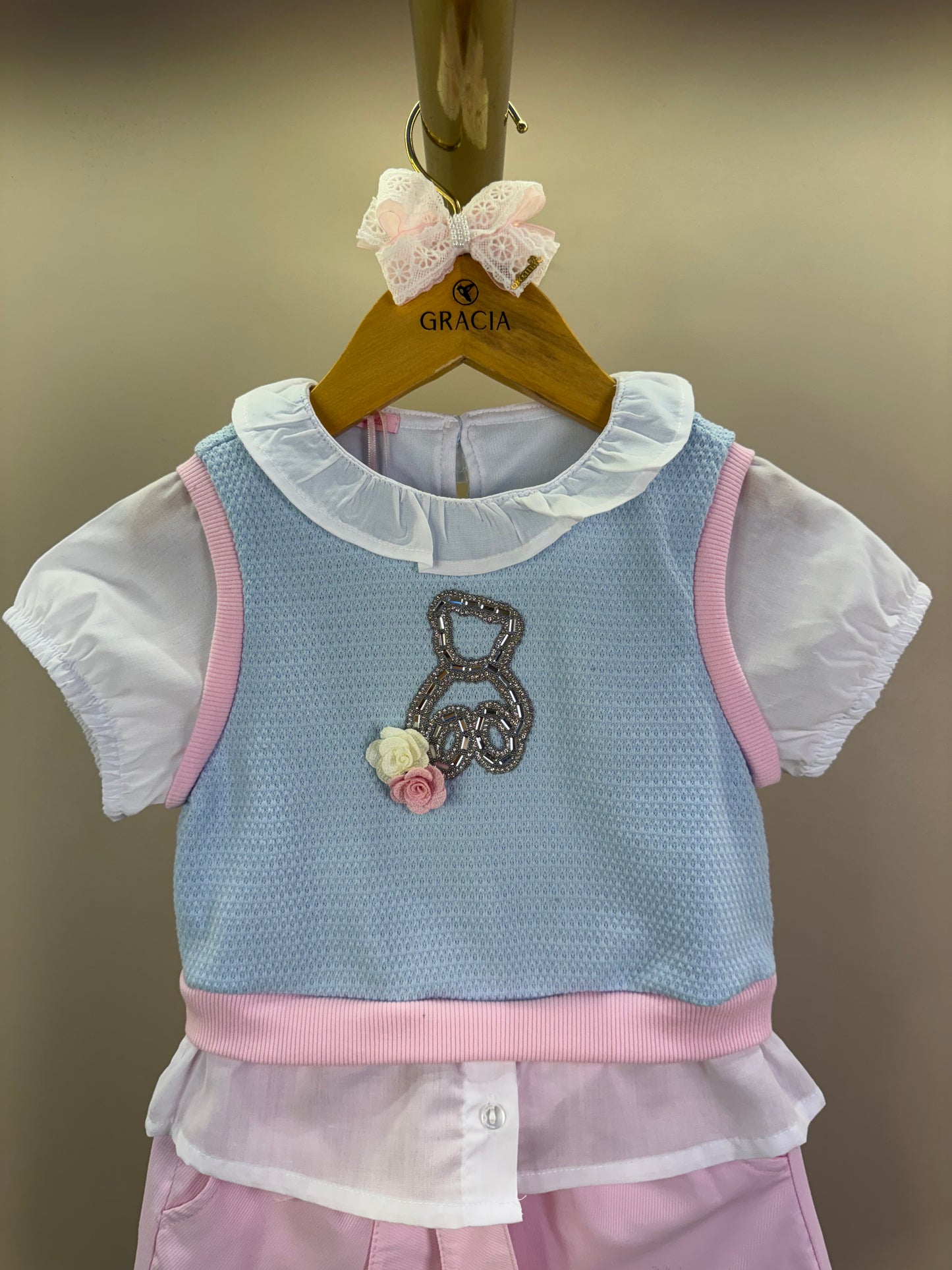 Conjunto Infantil Short Rosa E Blusa Azul  Ursinho Cristal - Gabriela Aquarela