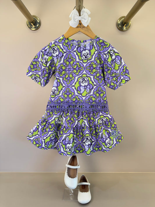 Conjunto Infantil Blusa Minnie Mouse Flores e Arabescos Lilás e Saia - Animê