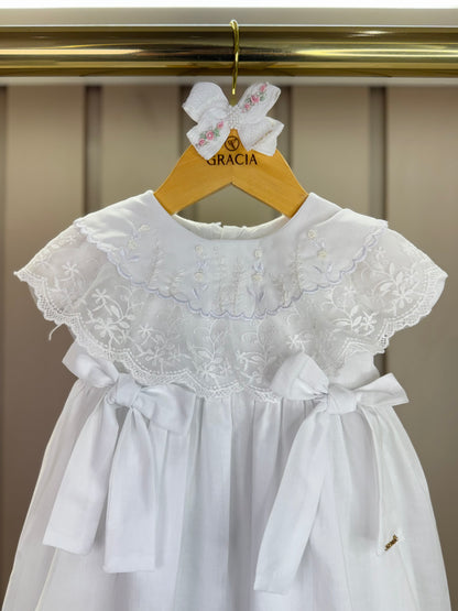 Vestido Bebê Algodão Gola Babados Bordada com Lacinhos Branco - Roana