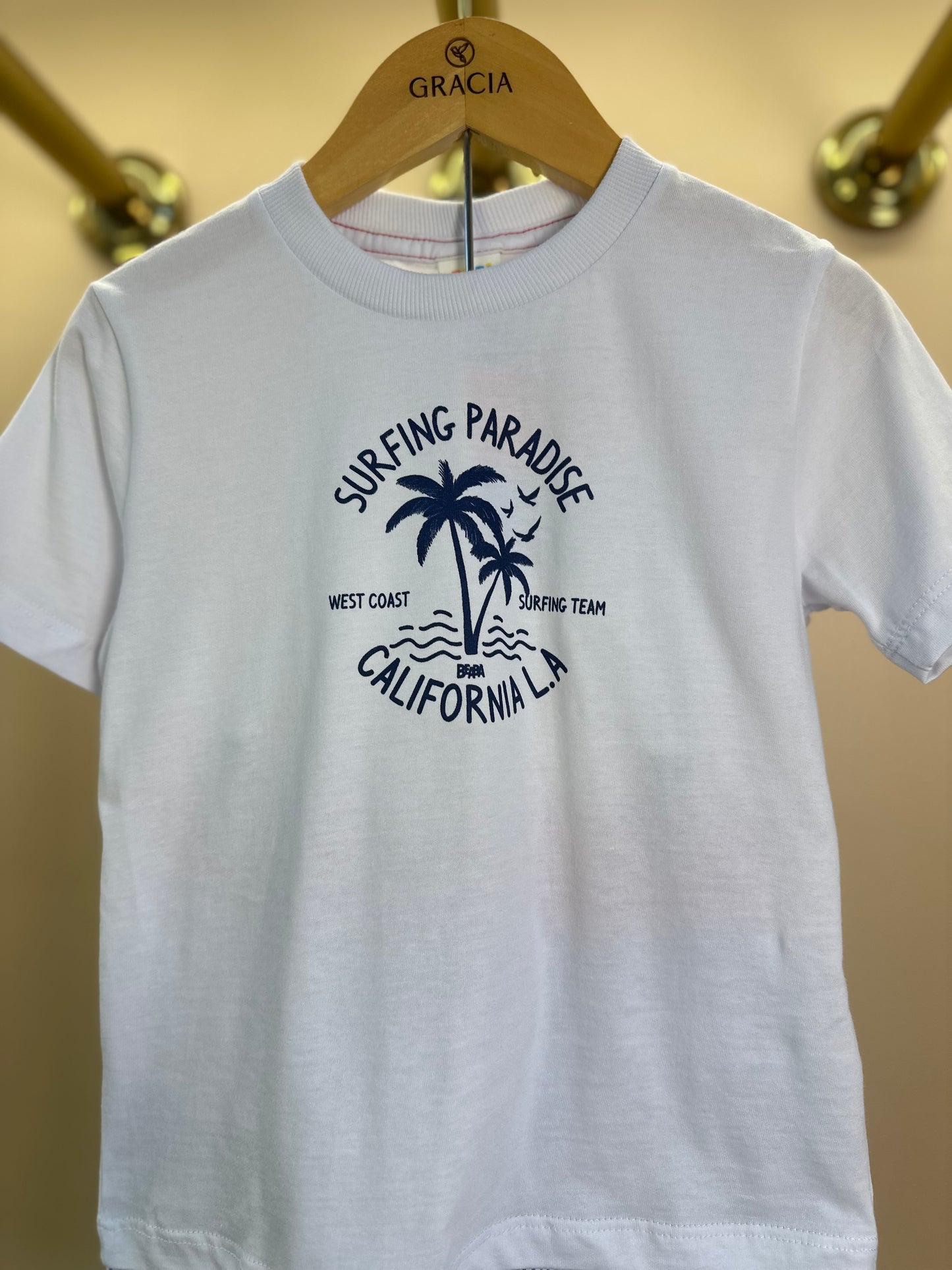 Conjunto Infantil Camiseta Algodão Surfing Paradise e Shorts Listrado Azul - Beabá