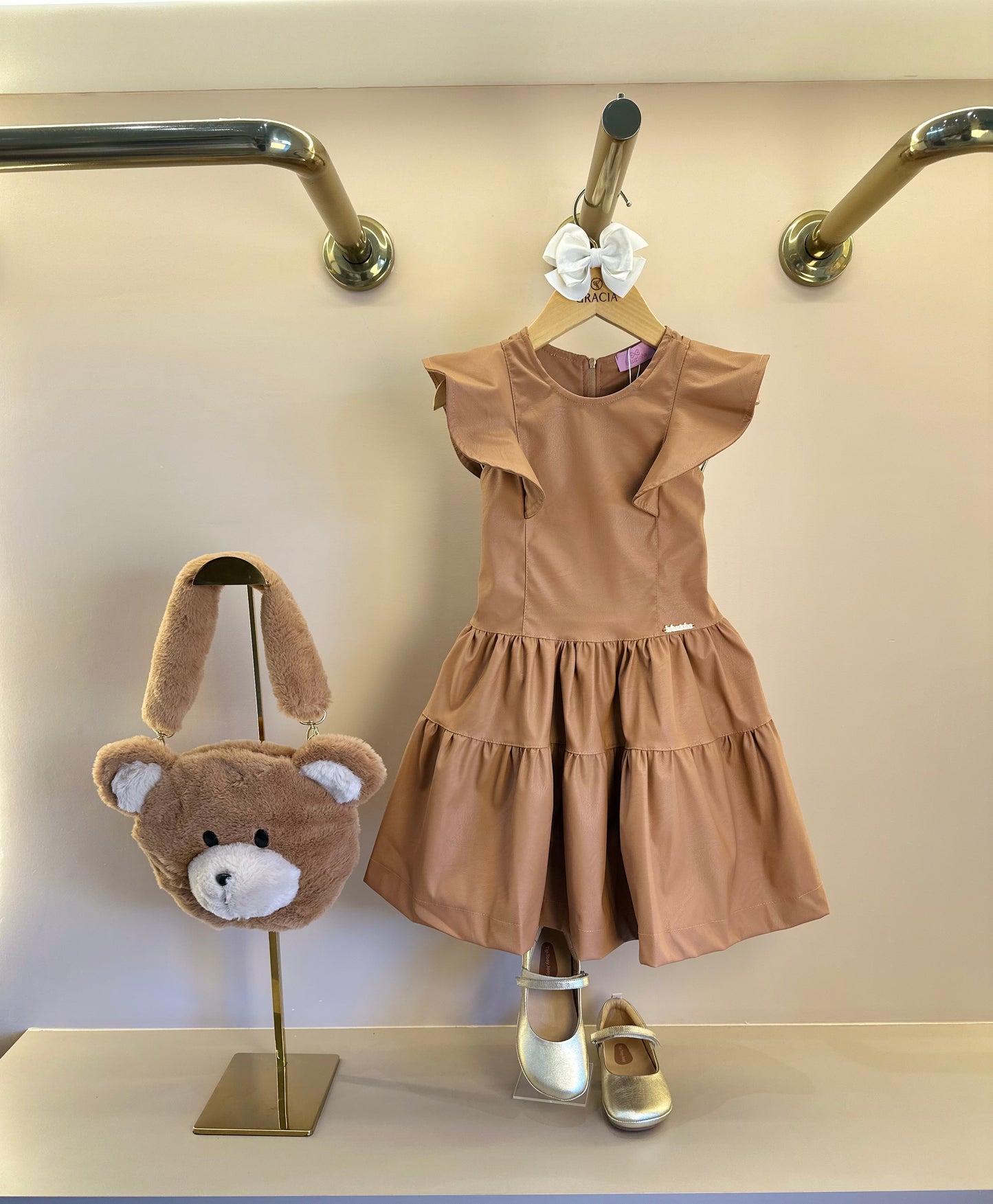 Vestido Infantil Rodado Babadinhos Couro Tech Caramelo - Luluzinha