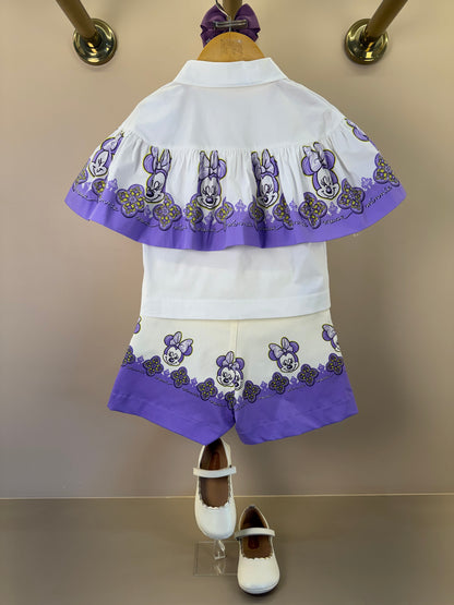 Conjunto Infantil Camisa Gola Clássica Capa Minnie Florais e Shorts Sarja Minnie Florais Detalhes Lilás - Animê