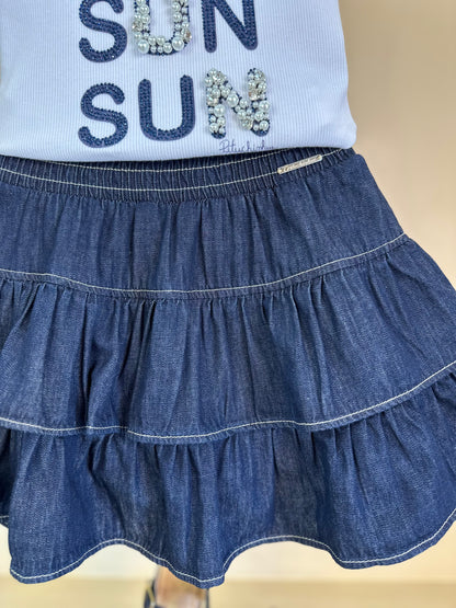Conjunto Infantil Regata Sun Bordados Saia-shorts Jeans Babados Strass - Pituchinhus