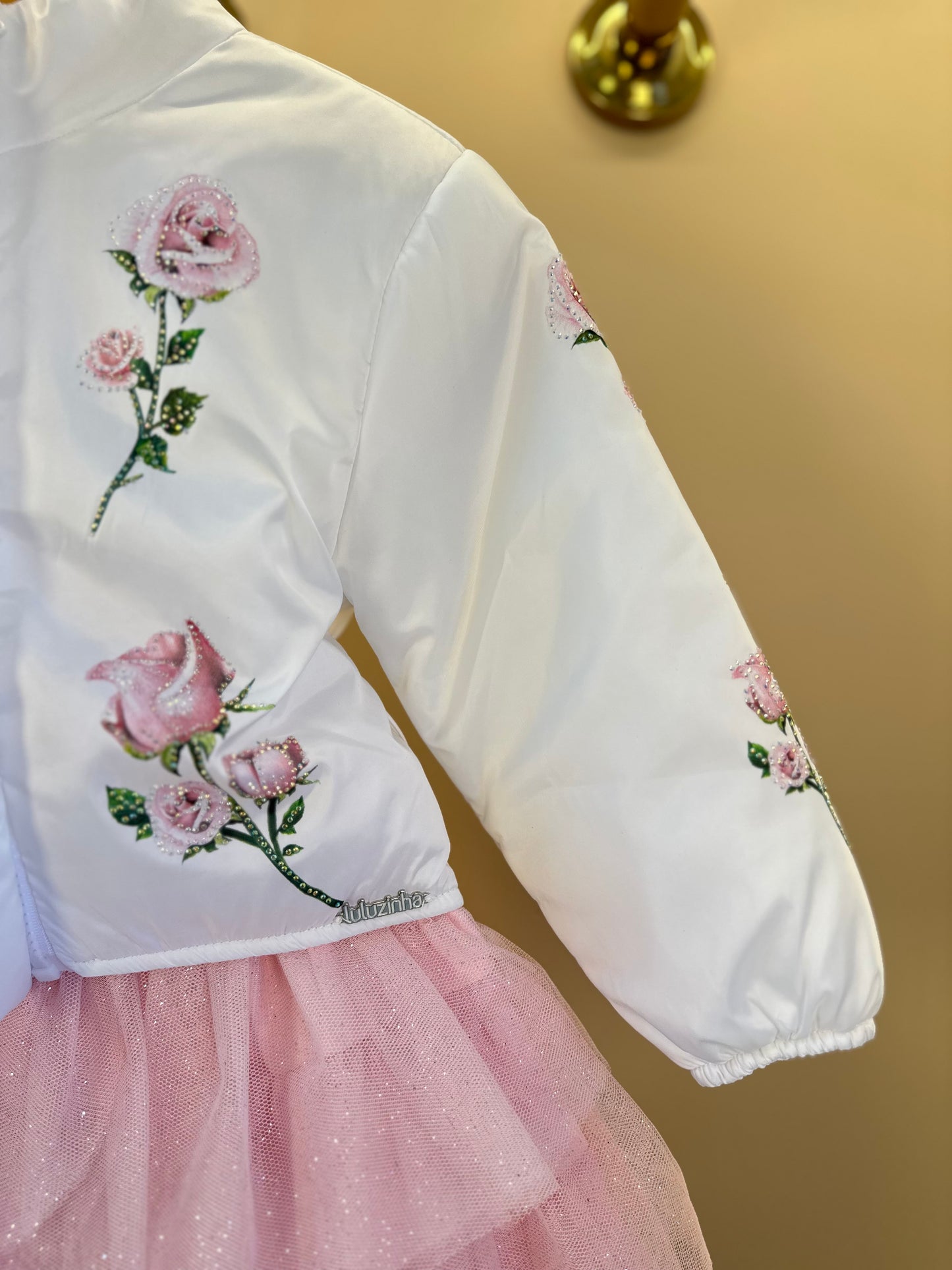 Conjunto Infantil com Casaco Bordado Floral, Blusa com Strass e Saia em Tulle Glitter - Luluzinha